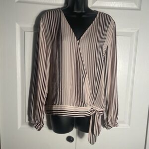 Ann Taylor Loft Outlet Striped‎ Faux Wrap Shirt Women S Pink Striped Long Sleeve